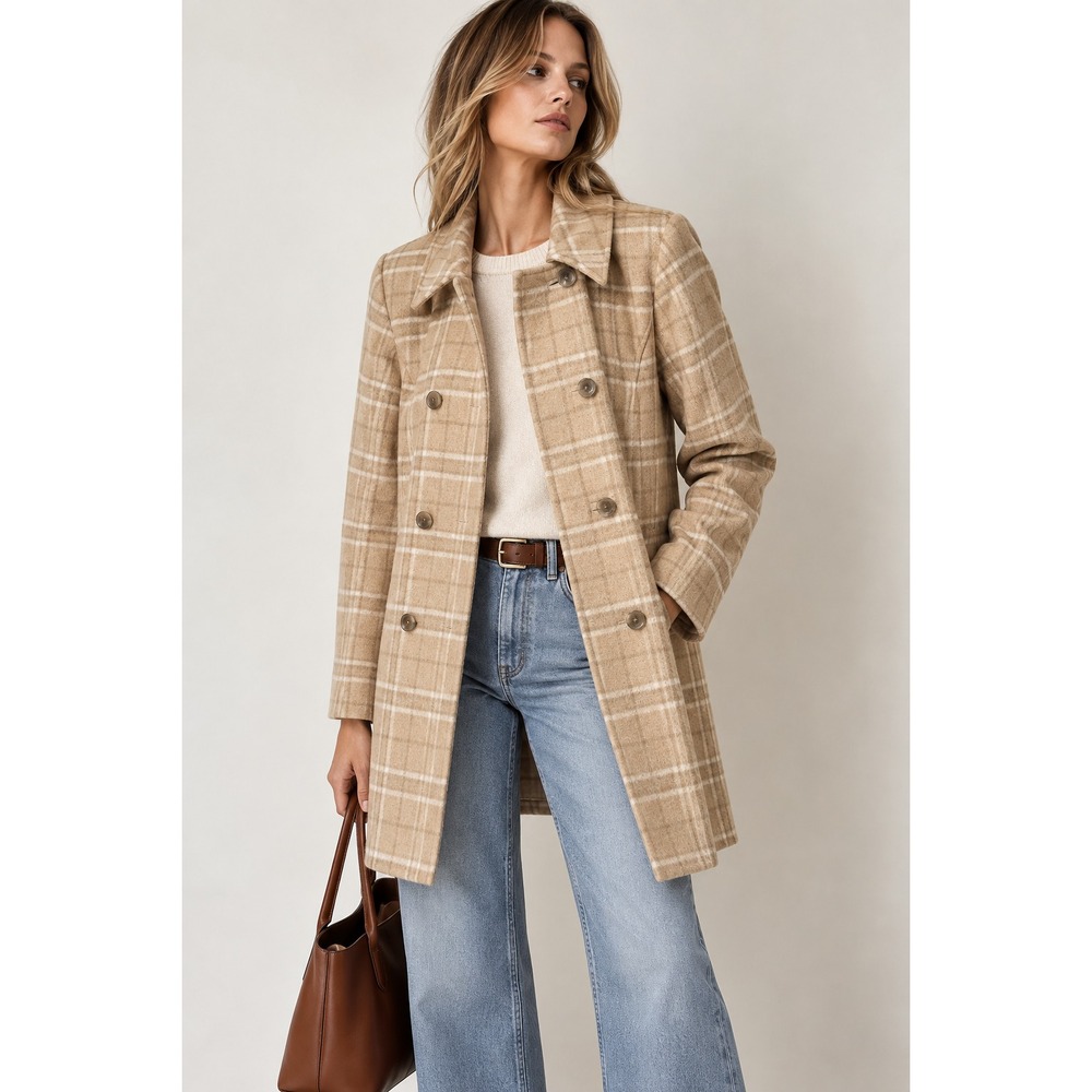 Sundance Pea Coat Womens XL Plaid Tan & Cream Wool Blend Heritage Old Money